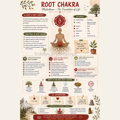 Root Chakra (Muladhara) guide with meaning, signs, balancing techniques, affirmations, and healing practices